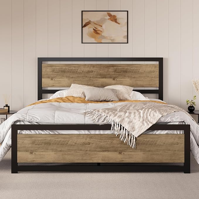 SHA CERLIN King Size Bed Frame with Modern Headboard, Heavy Duty Platform Metal Base with Footboard and 13 Slats Support, No Box Spring Needed, Brown