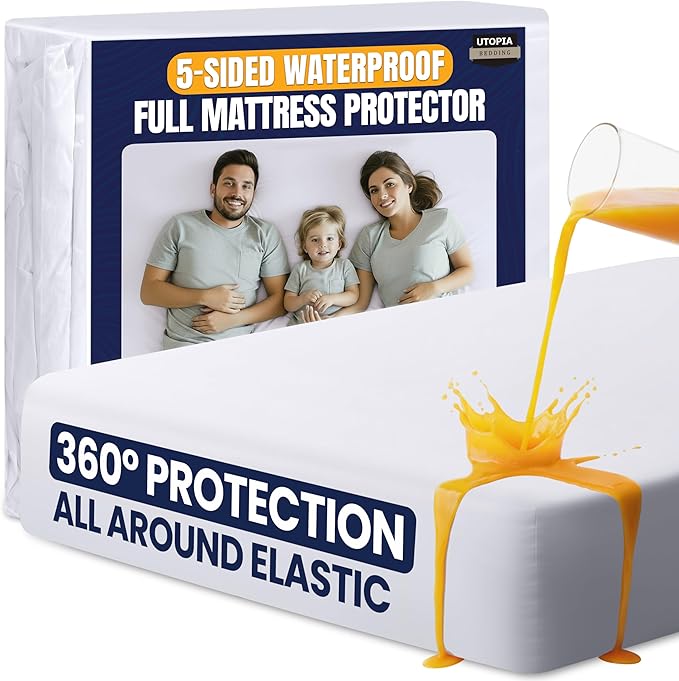 Utopia Bedding Waterproof 5-Sided Mattress Protector Full Size, Premium Breathable Mattress Cover, Fitted Style with Stretchable Pockets (White)