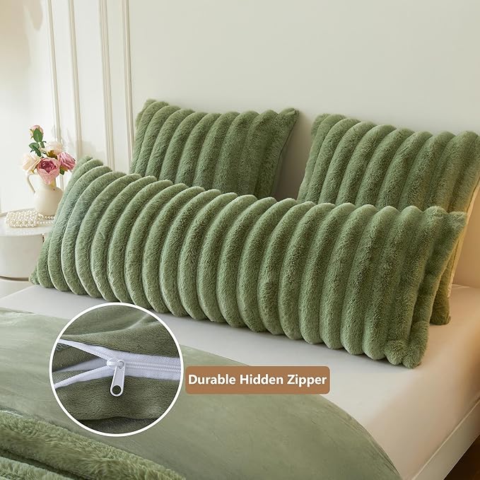 MEGO Fluffy Faux Rabbit Fur Body Pillow Cover, Luxury Plush Fuzzy Striped 20x54 Bedroom Body Pillowcase Moss Green, Furry Long Bed Pillow Case with Zipper for Kids Girls Teens Adults, Sage Green