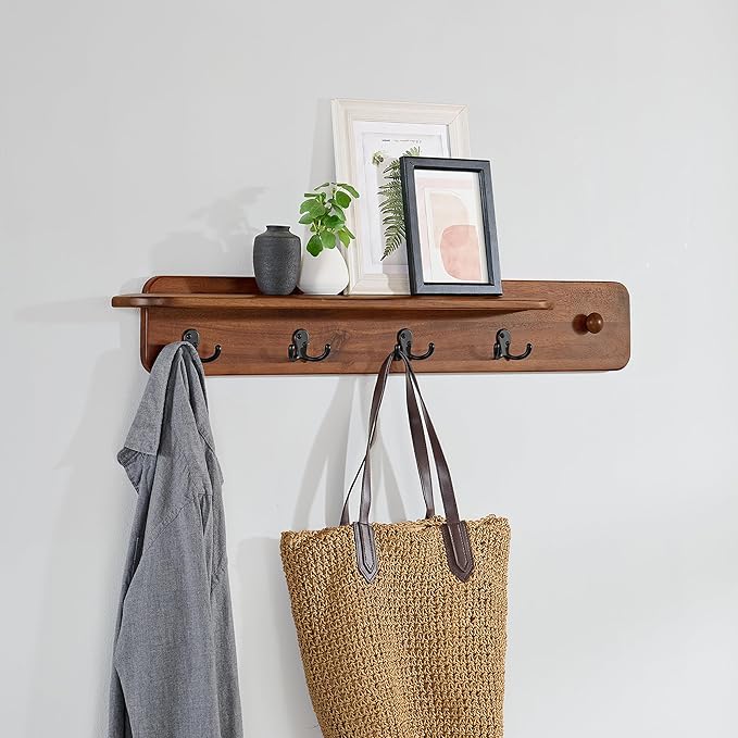 Alaterre Furniture Calais 36 Inch Wall Mount Coat Rack with Shelf with 4 Coat Hooks and Peg – Acacia Wood Wall Hangers (Chestnut)