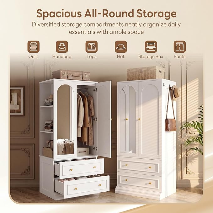 LIKIMIO Armoire Wardrobe Closet with Full Length Mirror, 2 Drawers, 71" Freestanding Bedroom Armoire with 3 Open Shelves, 3 Side Hooks & Hanging Rod, Clothing Storage Cabinet for Bedroom, White