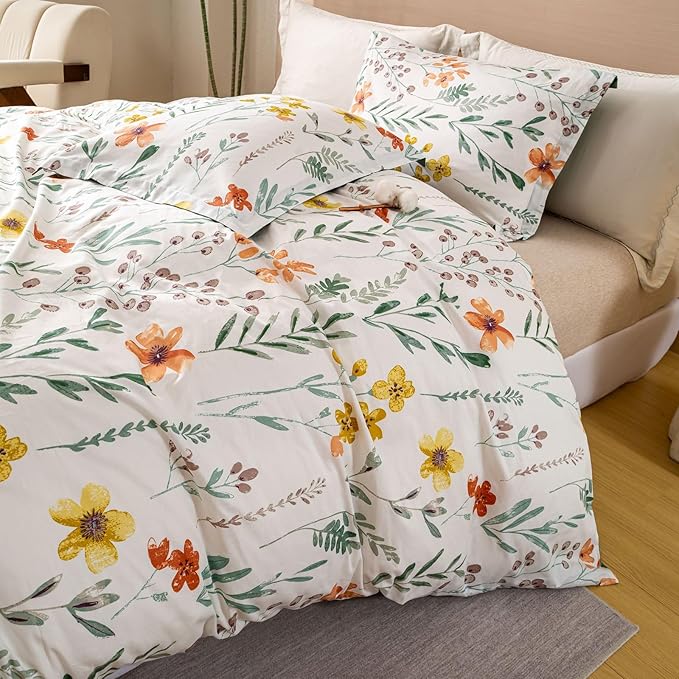 OAITE Duvet Cover Set King Size Floral Pattern Ultra Soft 100% Cotton Duvet Cover Sets 3-PC, Breathable Duvet Cover with Zipper Closure & Corner Ties(2 Pillow Shams,1 Duvet Cover)