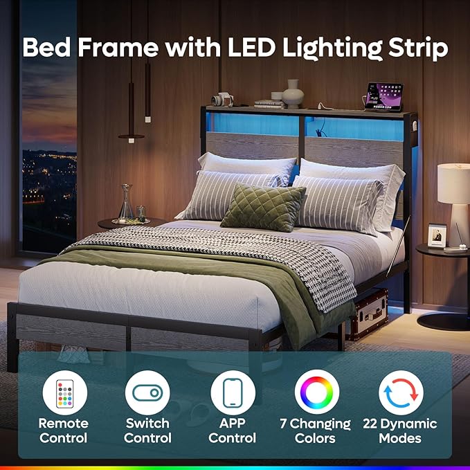 Bestier Queen Bed Frame with Headboard and Charging Station,Platform Bed Frame with LED Light, Non-Slip Metal Bed Frame, Noise-Free, Easy Assembly, Grey