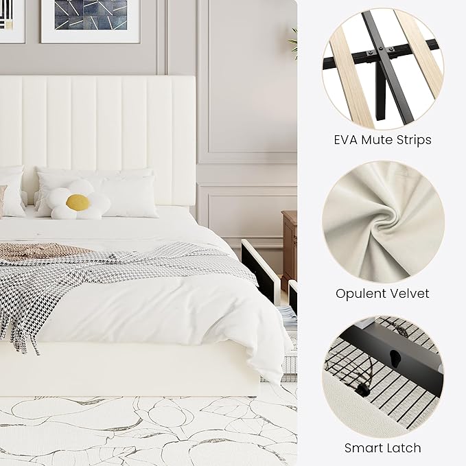 SHA CERLIN King Size Platform Bed Frame with 4 Storage Drawers, Vertical Channel Tufted Adjustable Headboard, Velvet Upholstered, Wooden Slats Support, No Box Spring Needed, Easy Assembly, Cream