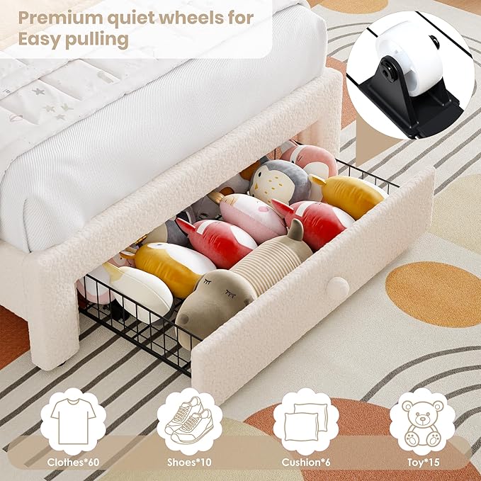 GarveeHome Twin Upholstered LED Bed Frame - with Storage Drawer and Rainbow Headboard, Berber Fleece Princess Platform Bed for Kids, Solid Wood Slat Support, No Box Spring Needed, Easy Assembly, Beige