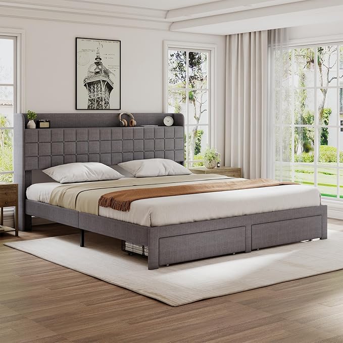 DUMOS King Size Upholstered Platform Bed Frame, King Bed with Storage Drawers and Fabric Headboard, Wooden Slats Support, 1323 lbs Weight Capacity, No Box Spring Needed, Easy Assembly, Gray
