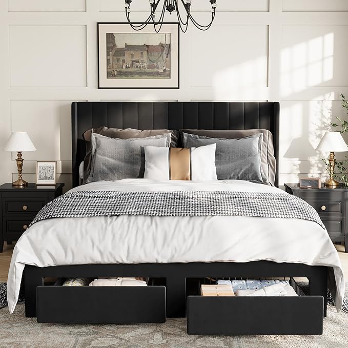GarveeHome Full Size Bed Frame, Bed Frame Upholstered Platform Bed with Velvet Headboard, Wing Edge Design, 2 Storage Drawers, No Box Spring Needed, Black