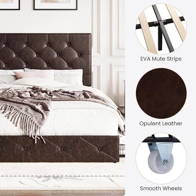 SHA CERLIN Upholstered Queen Size Platform Bed Frame with 4 Storage Drawers, Adjustable Headboard with Diamond Stitched Button Tufted Design, Wooden Slat Support, No Box Spring Needed, Black Brown