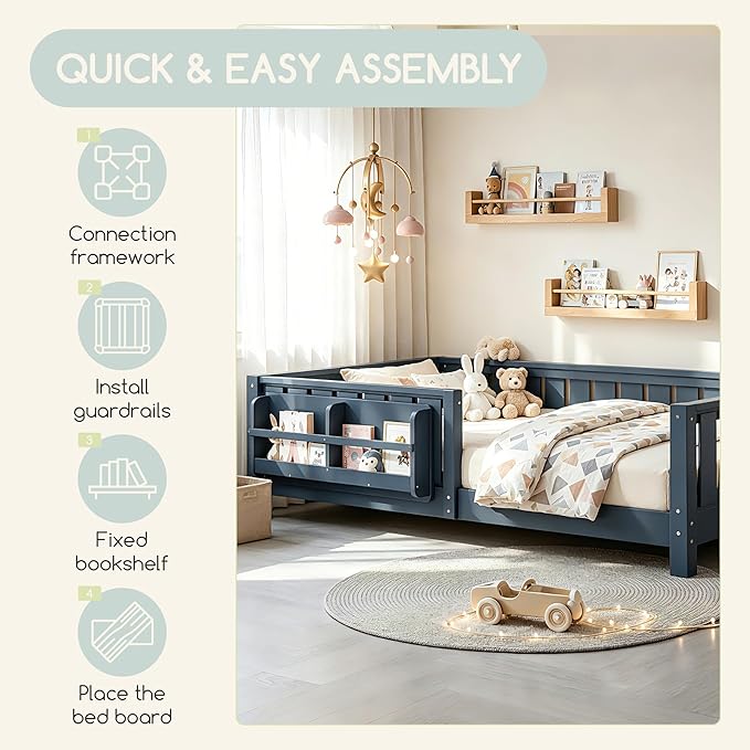 Bellemave Full Size Floor Bed Frame with Fence & Bookshelf, Solid Pinewood Montessori Floor Bed Full with Slats Load 550LBS, Low Profile Floor Bed for Kids, Bedroom, Nursery, Easy Assembly, Blue
