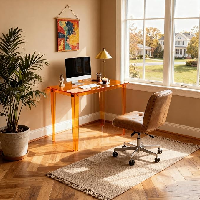 Acrylic Desk, Clear Modern Writing Table for Home Office (Orange, Small)