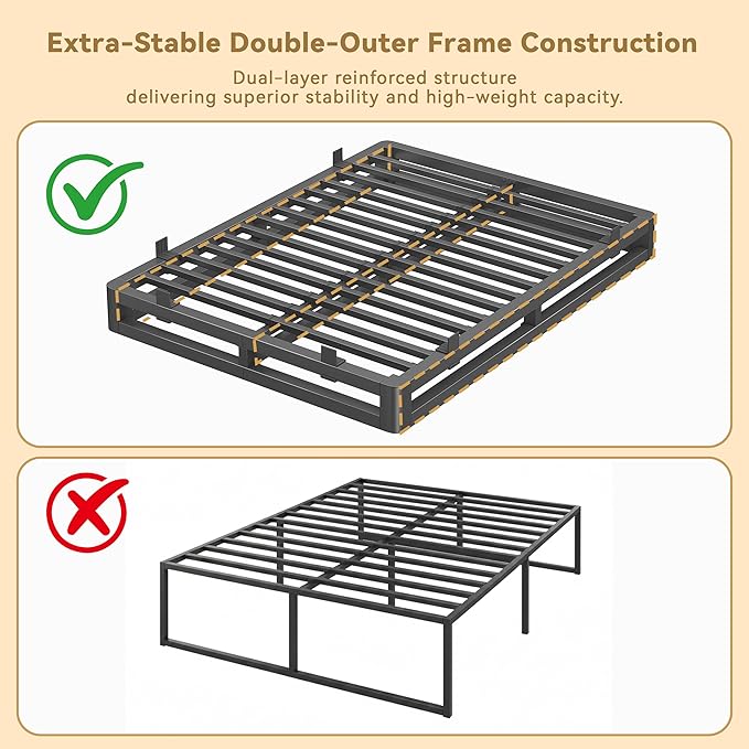 6 Inch Queen Bed Frame with Rounded Corner and Squeak Free U-Slot Design, Metal Platform Bed Frames 6 Non-Slip Guards, 3500lbs Heavy Duty Steel Slat Support, No Box Spring Needed, Black