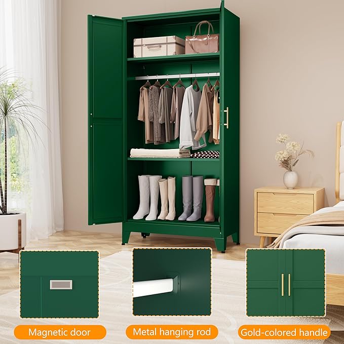 Metal Armoire Wardrobe Closet with Hanging Rod, Clothing Storage Cabinet with Adjustable Shelves for Laundry Room, Bedroom, Home Office, Bathroom, 71" Green