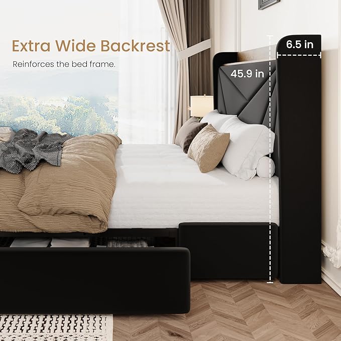 SHA CERLIN Queen Bed Frame with 3 Drawers, USB & Type-C Charging Ports, Velvet Upholstered Platform Bed with Modern Geometric Wingback Storage Headboard, No Box Spring Needed, Easy Assembly, Black