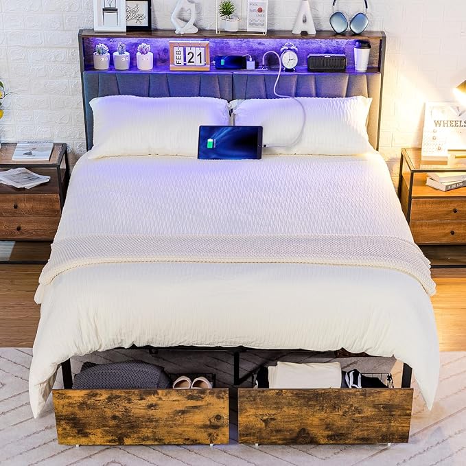 COMHOMA Queen Size Platform Bed Frame with LED Lights and Charging Station, Storage Headboard and Footboard Drawers, No Box Spring Needed, Rustic Wood Look
