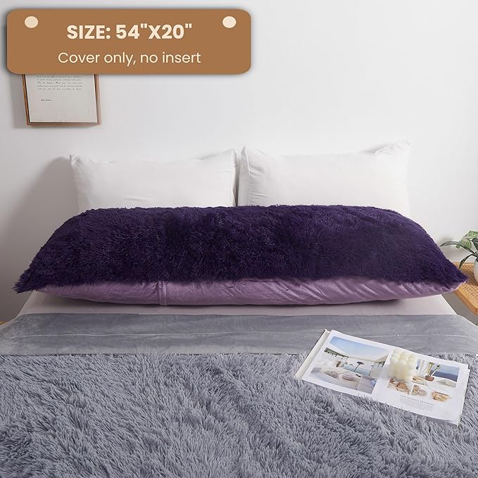 MEGO Shaggy Plush Body Pillow Cover, Faux Fur Fluffy Body Pillowcase, 20x54 Boho Fuzzy Body Pillow Case, Furry Long Big Throw Pillow Sham with Zipper for Home Bedding Couch Living Room Deep Purple
