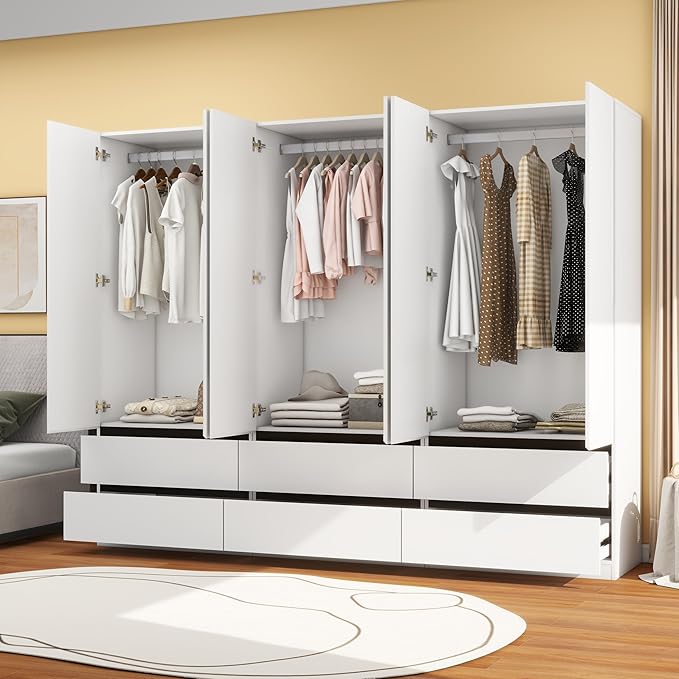 White Wardrobe Closet with Doors: 75" Large Capacity Bedroom Armoire, Wooden Cabinet with 6 Drawers, Hanging Storage Shelves with Hanging Rod (Contemporary, 3)