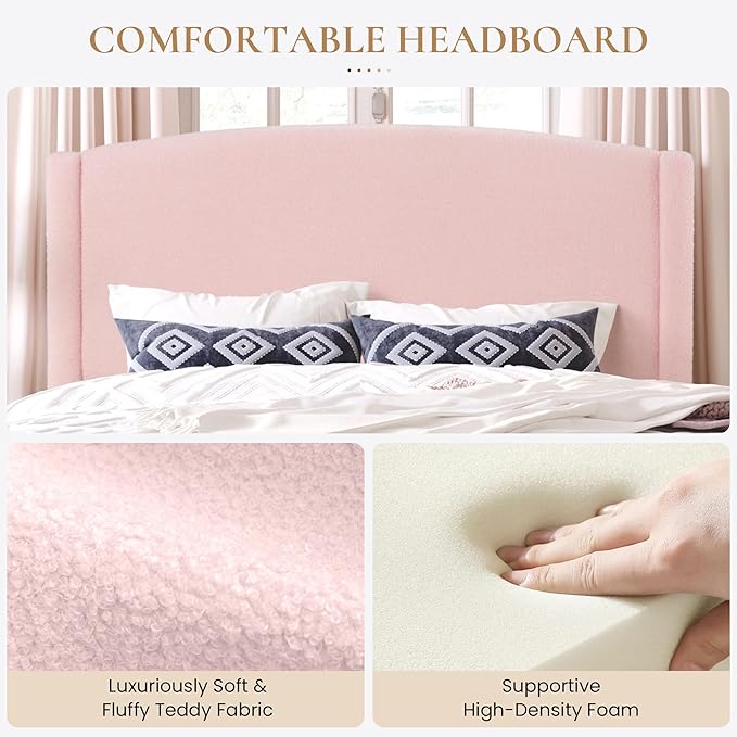 SHA CERLIN Queen Bed Frame with Soft Teddy Fabric, Boucle Upholstered Platform Bed, Curved Headboard Design, Wooden Slats Support, Noise-Free, No Box Spring Needed, Easy Assembly, Pink