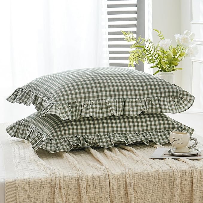 2 Pack Sage Green White Plaid Ruffle Pillow Shams Standard Size 20x26 inches, 100% Cotton Gingham Checkered Farmhouse Pillowcases for Bed/Sofa (20x26 inches, Sage Green/White Plaid)