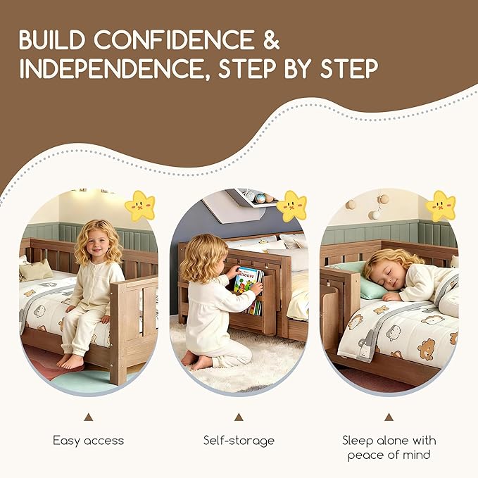 Bellemave Queen Floor Bed Frame with Fence & Bookshelf, Solid Pinewood Montessori Floor Bed Frame Queen with Slats Load 550LBS, Low Floor Bed for Kids, Bedroom, Nursery, Easy Assembly, Oak Brown