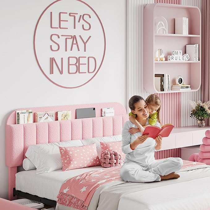 Garvee Queen Size Bed Frame with 2 Flexible Drawers, Boucle Upholstered Platform Bed Frame with Bookcase Headboard, Bedframe for Kids/Girls, Easy Assembly, No Box Spring Needed, Noise Free, Pink