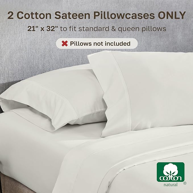 California Design Den Standard Queen Size Pillowcase Set - 400 Thread Count, 100% Cotton Sateen, Set of 2 Pillow Covers, Soft and Breathable - Ivory (Pale Tone)