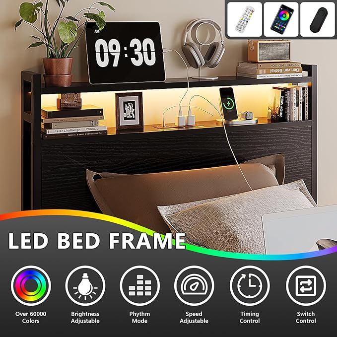 VINGLI LED Twin Bed Frame with 4 Storage Drawers and Adjustable Headboard Shelf, Metal Platform Panel Bed with Charging Station for Kids Teens, Adults, No Box Spring Needed, Black