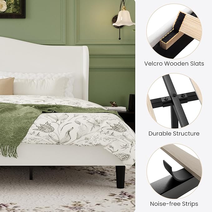 SHA CERLIN King Size Velvet Platform Bed Frame with Elegant Wingback Headboard, Modern & Luxurious Design, Sturdy Wooden Slats, No Box Spring Required, Easy Assembly, Noise-Free, Soft White