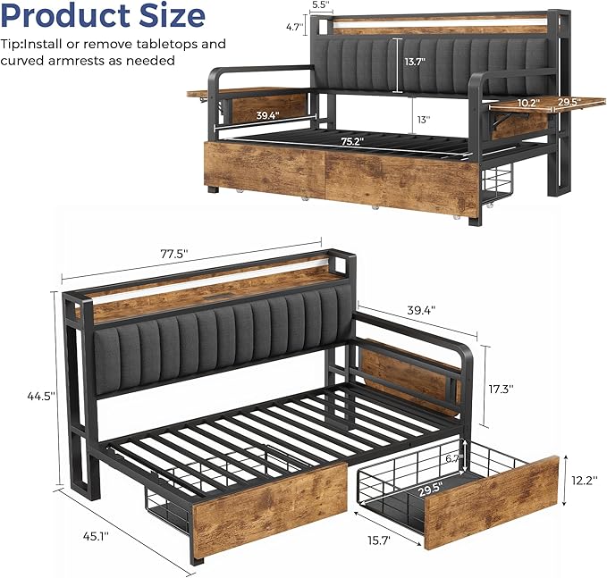 Jocoevol Twin Corner Bed Frame with Storage Drawers and LED Light, Heavy Duty Metal Daybed with Upholstered Storage Headboard & Charging Station, Twin Size Day Bed for Kids Teens Guests, Brown