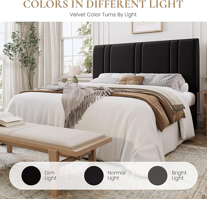 SHA CERLIN Full Size Platform Bed Frame, Velvet Upholstered Bed with Adjustable Headboard, Vertical Channel Tufted Design, Sturdy Wood Slat Support, No Box Spring Needed, Easy Assembly, Black