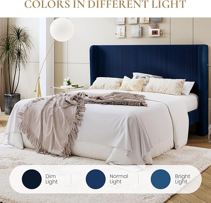 SHA CERLIN King Size Corduroy Upholstered Platform Bed Frame with Vertical Channel Tufted Wingback Headboard, 8" Under Bed Storage, Wooden Slats & Metal Frame Support, Easy Assembly, Dark Blue