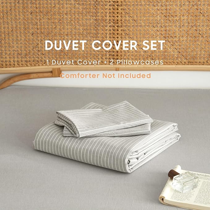Wake In Cloud - Striped Cotton Duvet Cover Set, 100% Washed Cotton Textured Percale Bedding Set, Ticking Stripe Pinstripe Farmhouse, 3 Pieces, Light Grey, Queen Size