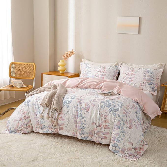 OAITE Duvet Cover Set King Size Floral Pattern Ultra Soft 100% Cotton Duvet Cover Sets 3-PC, Breathable Duvet Cover with Zipper Closure & Corner Ties(2 Pillow Shams,1 Duvet Cover)