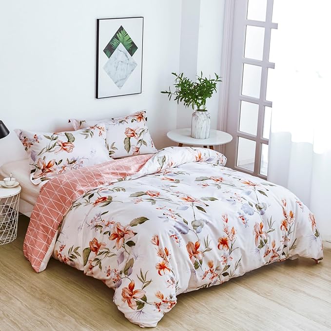 OAITE Duvet Cover Set,100% Cotton Comforter Cover with Floral Pattern Duvet Cover Set,Soft Bedding Set Includes with 3 Piece (2 Pillow Shams,1 Duvet Cover)