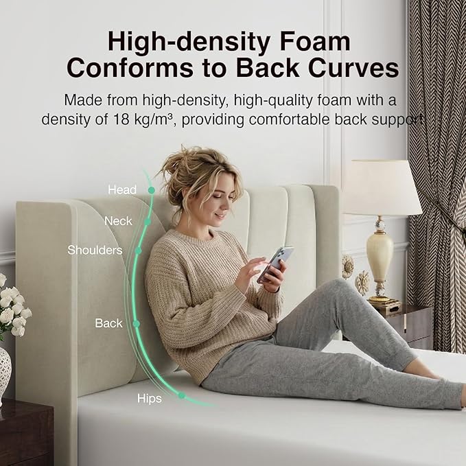Novilla Bed Frame Queen Size, Queen Bed Frame with Headboard, Velvet Upholstered Wing Side Headboard, No Box Spring Needed, Heavy Duty Feet, Easy Assembly, White Velvet