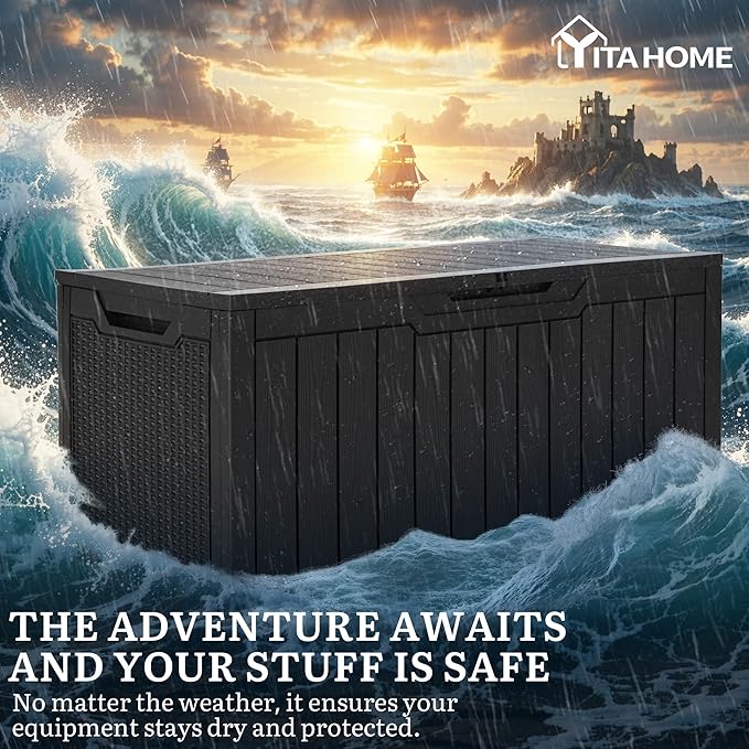 YITAHOME 100 Gallon Large Outdoor Deck Box, Waterproof Resin Storage Box, Lockable Indoor Outdoor Storage Container for Patio Furniture Cushions, Pool Accessories, Garden Tools, Black