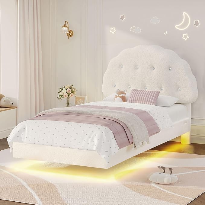 Cookie Twin Upholstered Bed Frame with LED Lights, Floating Bed Frames with Adjustable Headboard and Raised Footboard for Princess/Prince Bedroom, Teddy Velvet（White） | Cookie Bed Frame