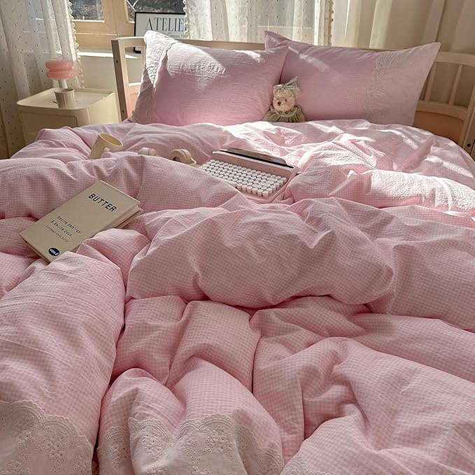 mixinni Pink Gingham Duvet Cover Twin Size - 3 Piece Cottagecore Plaid Bedding Set with Lace Trim, Soft Washed Microfiber Vintage Aesthetic Grid Comforter Cover & Pillow Shams, (Pink White Gingham)