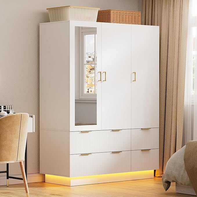 PAKASEPT Armoire Wardrobe Closet with 3 Door, Bedroom Armoires with Mirror and LED Lights, Hanging Rod, Drawers, Large Capacity Storage Wardrobe Armoire for Bedroom