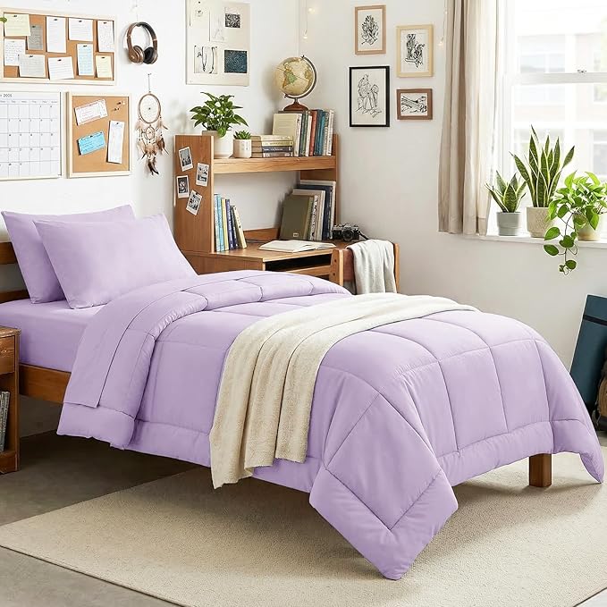 CozyLux Twin XL Comforter Set Lavender, 5 Pieces Twin Extra Long Bed in a Bag for College Dorm, All Season Bedding Set with Stitch Quilted Comforter, Flat Sheet, Fitted Sheet, Pillowcases