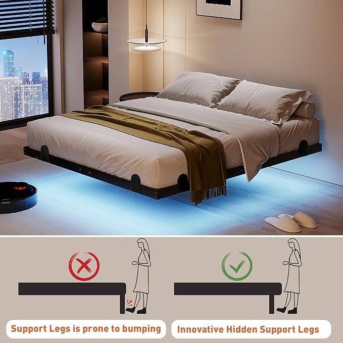qimamo 10 Inch Floating Queen Bed Frame with Smart LED Lights and Charging Station, Modern Metal Queen Bed Frame, Easy to Assemble, No Box Spring Needed (Queen)