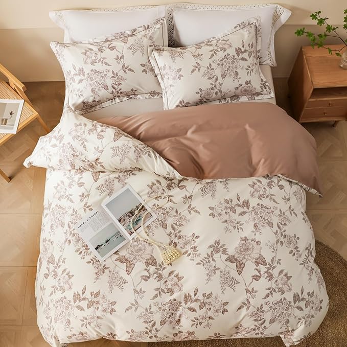 Duvet Cover Set Twin Size Floral Pattern 600 Thread Count Ultra Soft 100% Long Staple Cotton Duvet Cover Sets 3-PC, Breathable Duvet Cover with Zipper Closure & Corner Ties