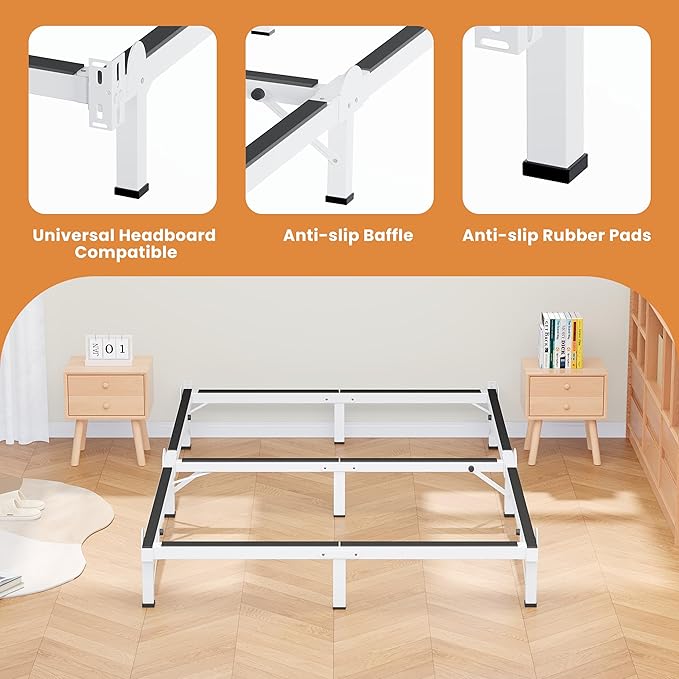 MAF Metal Bed Frame King, 9-Legs Support Bed Base, 8 Inches King Bed Frame for Box Spring and Mattress, Basics Bed Frame Headboard Attachable Tool-Free Easy Assembly, White