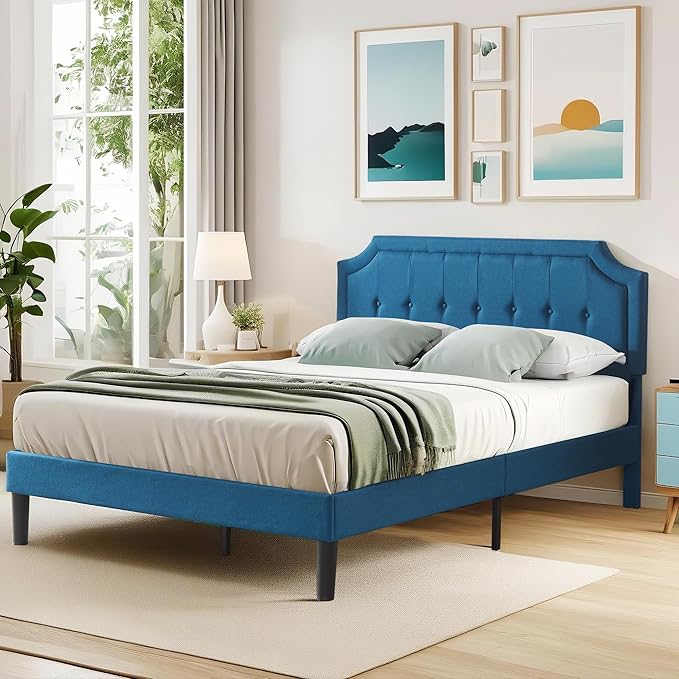 VECELO Full Size Platform Bed Frame with Fabric Upholstered Headboard and Wooden Slats Support, No Box Spring Needed/Easy Assembly,Blue