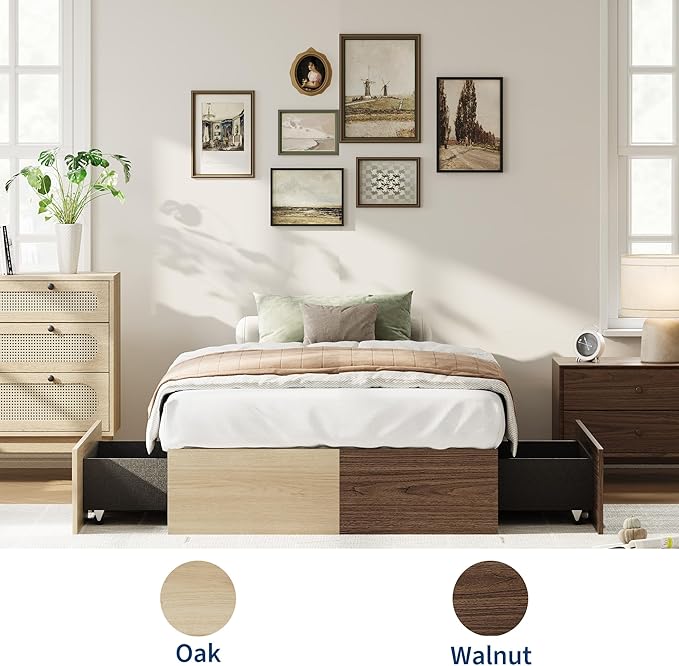IDEALHOUSE Twin XL Bed Frame with 2 Storage Drawers, Wooden Bed Frame Without Headboard, Minimalist Floor Platform Bed, Wood Slat Support, Noise Free, No Box Spring Needed, Easy Assembly