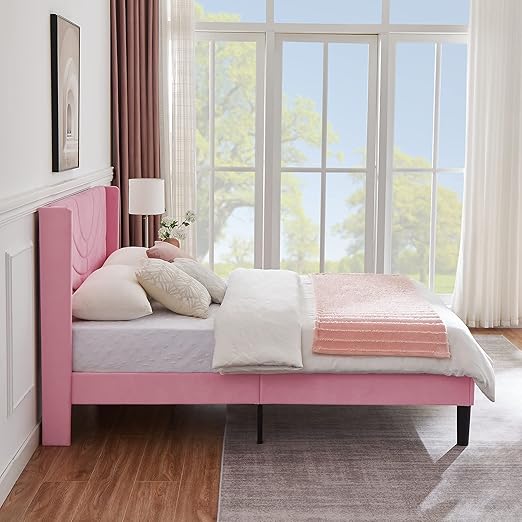 VECELO Queen Size Bed Frame Upholstered Platform with Fabric Headboard/Wooden Slats Support/No Box Spring Needed/Mattress Foundation,Pink