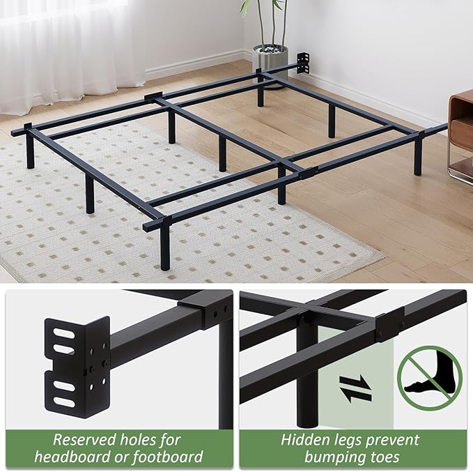 Queen Metal Bed Frame, 7 Inch Low Heavy Duty Platform Bed Frames Queen Size for Box Spring and Mattress, Easy Assembly, Noise-Free, Adjustable, Black