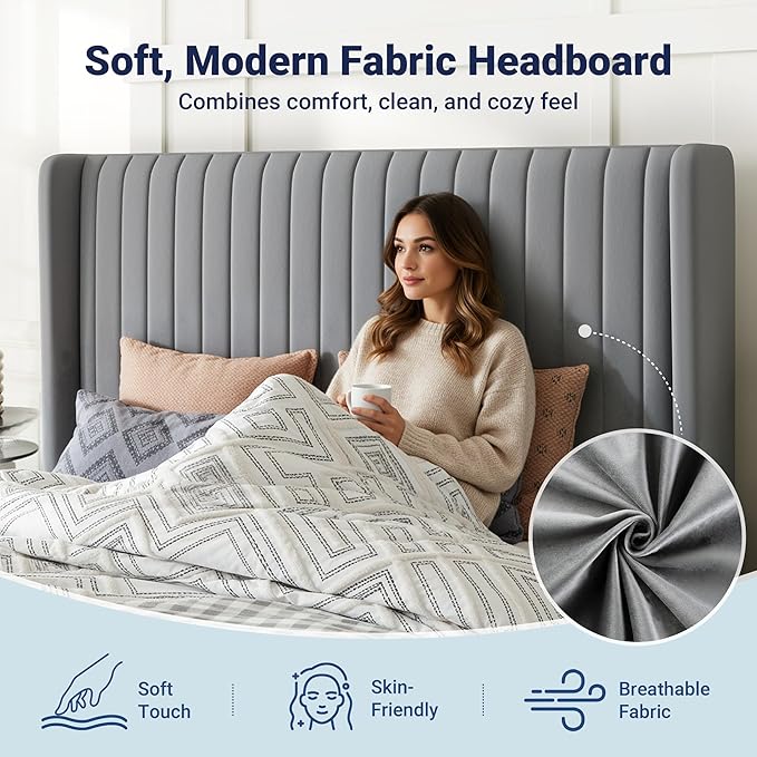 Allewie Queen Size Lift Up Storage Bed Frame, Hydraulic Support System, Upholstered Platform Bed Frame, Underneath Storage, Vertical Channel Tufted Headboard with Wingback, No Box Spring Needed, Grey