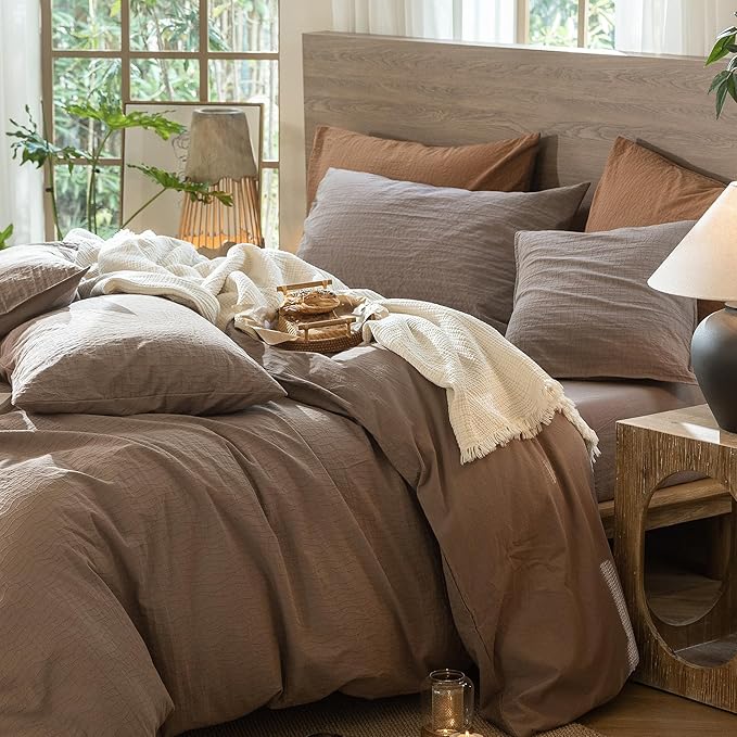 MooMee Wavy Striped Duvet Cover Set 100% Washed Cotton Linen Like Textured Breathable Durable Soft Comfy (Brown, Super King Plus 120"x120")