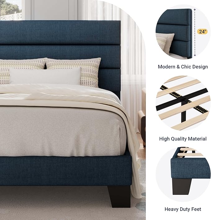 Allewie Twin Size Platform Bed Frame with Fabric Upholstered Headboard and Wooden Slats Support, Fully Upholstered Mattress Foundation/No Box Spring Needed/Easy Assembly, Navy Blue