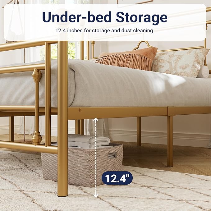 Allewie Full Size Metal Platform Bed Frame with Victorian Vintage Headboard and Footboard/Mattress Foundation/Under Bed Storage/No Box Spring Needed/Noise-Free/Easy Assembly, Gold